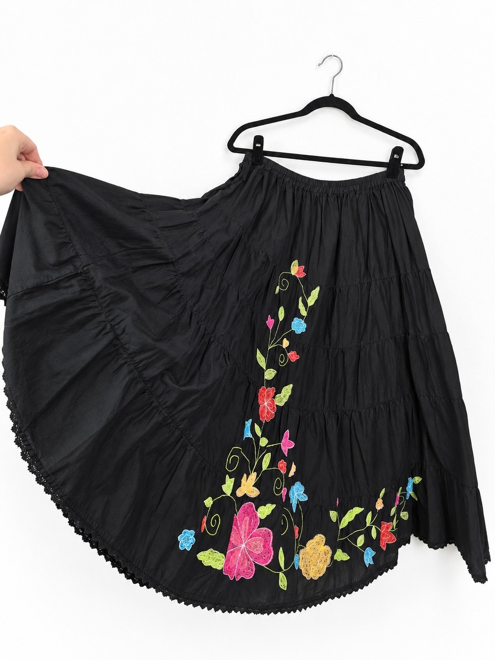 Vintage 90s Y2K Tantrums Black Floral Embroidered Tiered Midi Skirt Large